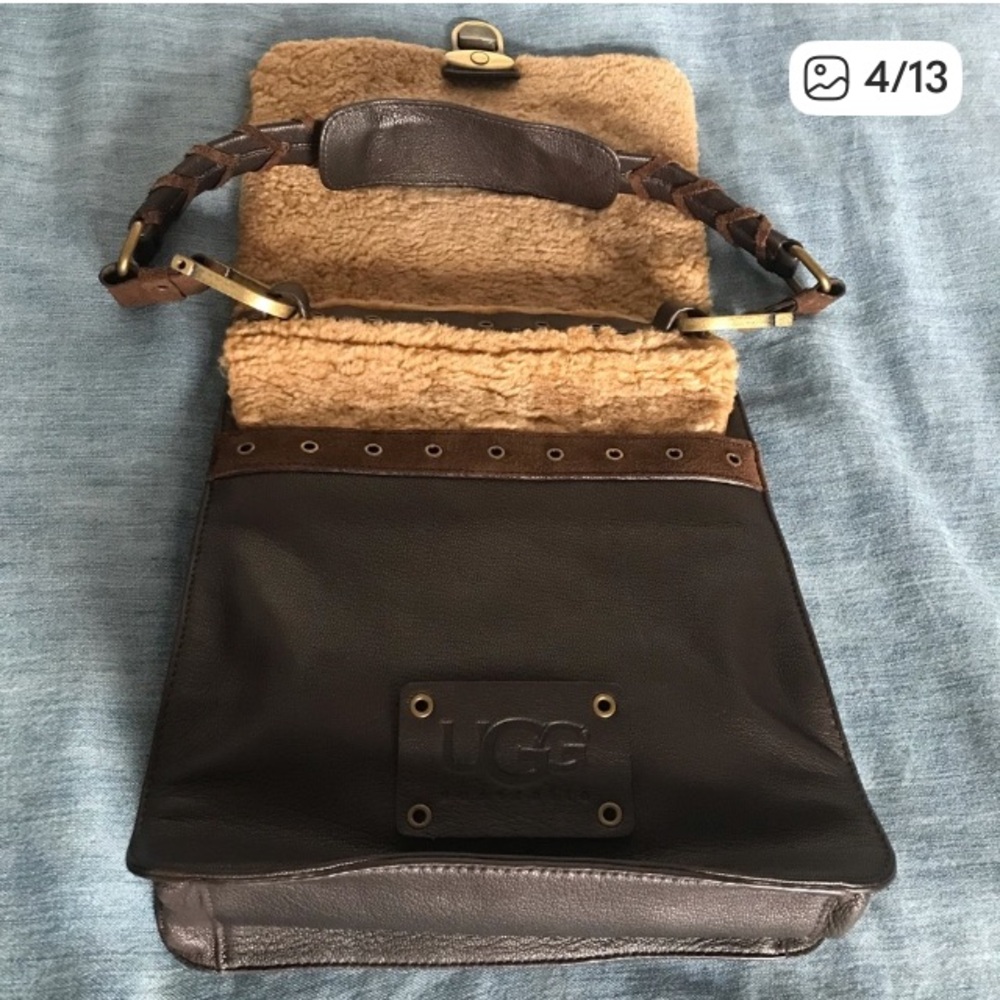 UGG Australia Purse Brown Leather Shearling Slimline - Picture 5 of 12